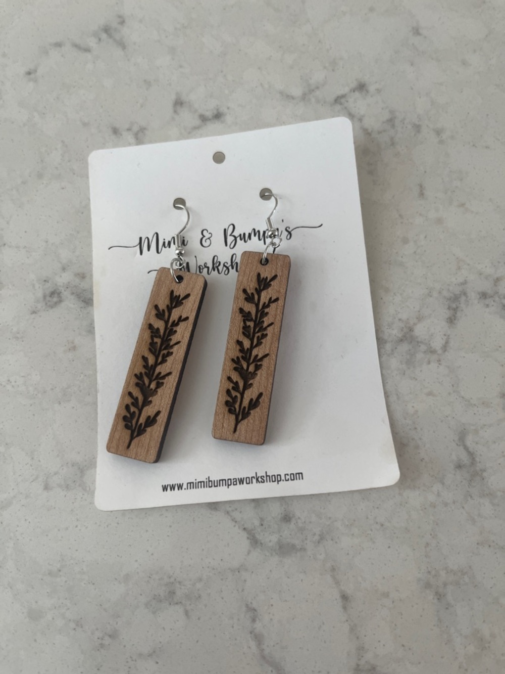 Wooden Botanical Rectangle Dangle Earrings - Natural Brown